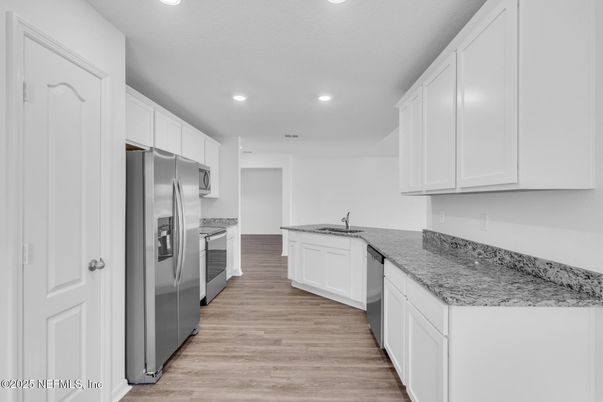 Interior, Kitchen, Recessed Lighting, Stainless Steel Appliances, Wood Texture Flooring