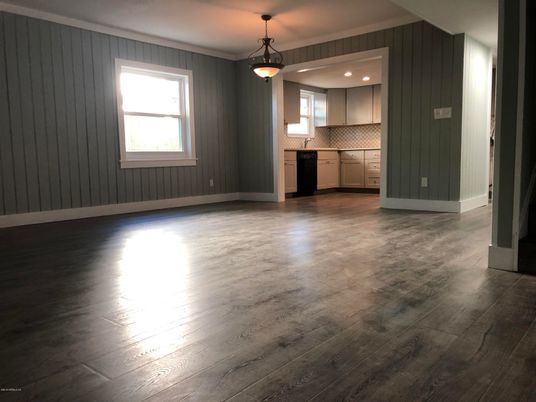 Empty room, Interior, Kitchen, Pendant Lights, Recessed Lighting, Wood Texture Flooring
