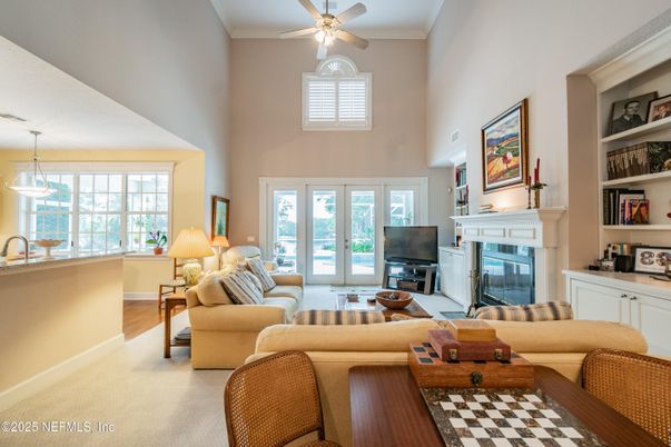 Fireplace, Interior, Living room, Pendant Lights, Wood Texture Flooring