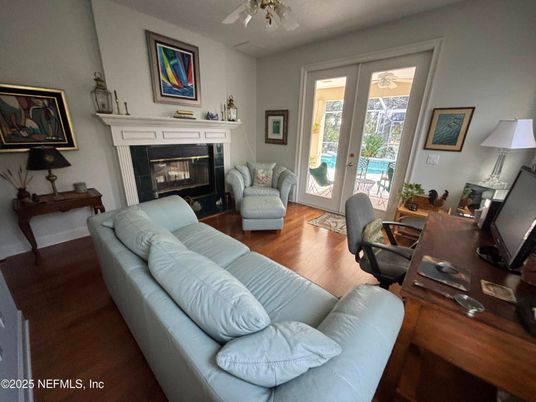 Fireplace, Home Office, Interior, Living room, Wood Texture Flooring