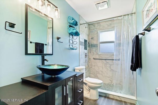 Bathroom, Glass Shower, Interior, Marble Walls, Wood Texture Flooring