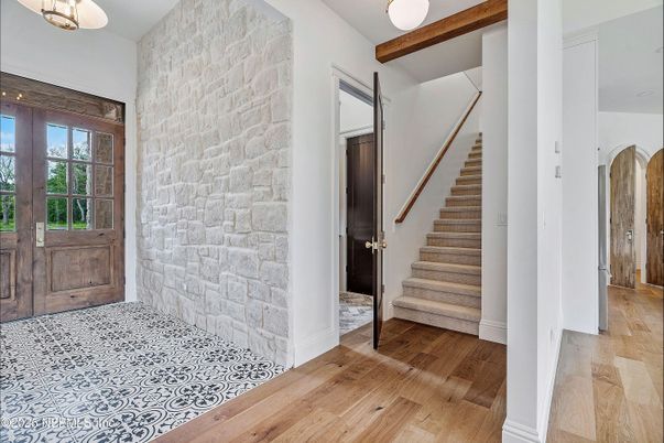 Interior, Pendant Lights, Stone Walls, Wooden Beams, Wood Texture Flooring