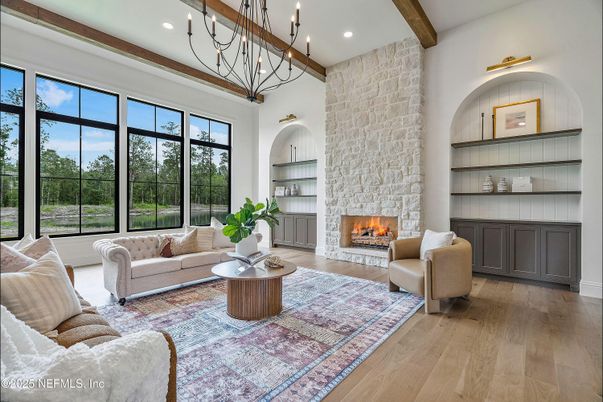 Fireplace, Interior, Living room, Pendant Lights, Recessed Lighting, Stone Walls, Wooden Beams, Wood Texture Flooring