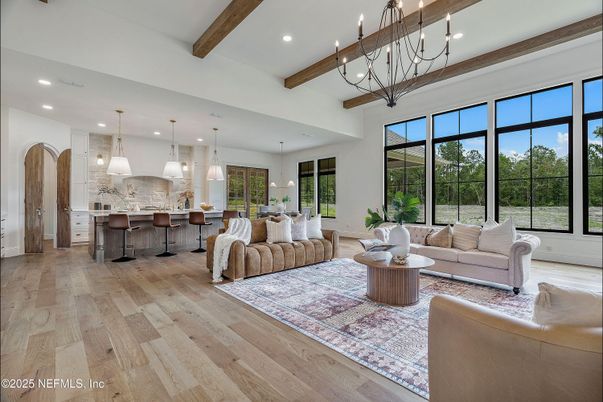 Interior, Kitchen, Living room, Pendant Lights, Recessed Lighting, Wooden Beams, Wood Texture Flooring