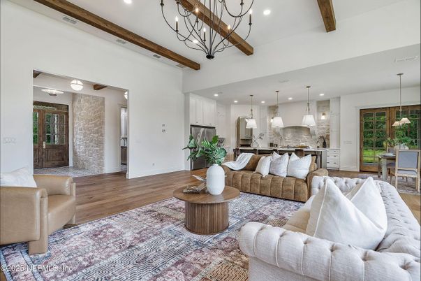 Interior, Kitchen, Living room, Pendant Lights, Recessed Lighting, Stainless Steel Appliances, Wooden Beams, Wood Texture Flooring