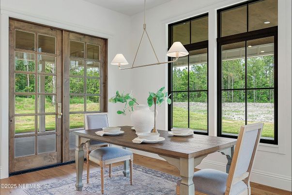 Dining room, Interior, Pendant Lights, Wood Texture Flooring