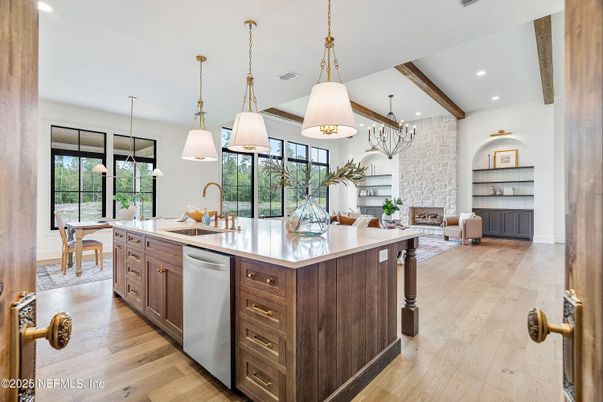 Dining room, Fireplace, Interior, Kitchen, Living room, Pendant Lights, Recessed Lighting, Stainless Steel Appliances, Wooden Beams, Wood Texture Flooring