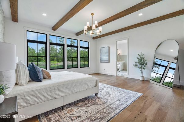 Bedroom, Chandelier, Interior, Recessed Lighting, Wooden Beams, Wood Texture Flooring