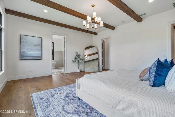 Bedroom, Chandelier, Interior, Recessed Lighting, Wooden Beams, Wood Texture Flooring