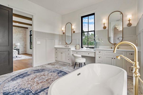 Bathroom, Dual Sink Vanities, Free Standing Baths, Interior, Stone Walls, Wood Texture Flooring