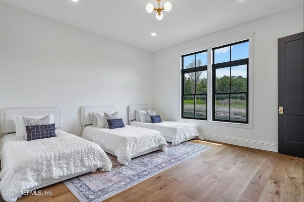 Bedroom, Interior, Pendant Lights, Recessed Lighting, Wood Texture Flooring