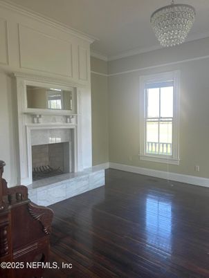 Chandelier, Empty room, Fireplace, Interior, Wood Texture Flooring
