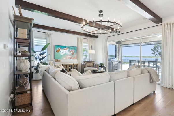 Chandelier, Interior, Living room, Water, Wooden Beams, Wood Texture Flooring