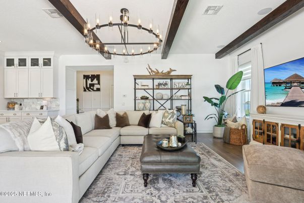 Chandelier, Interior, Living room, Water, Wooden Beams, Wood Texture Flooring