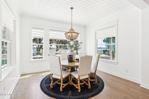 Dining room, Interior, Pendant Lights, Wood Texture Flooring