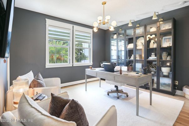Home Office, Interior, Pendant Lights, Wood Texture Flooring