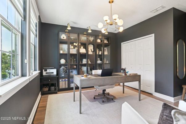 Home Office, Interior, Pendant Lights, Wood Texture Flooring
