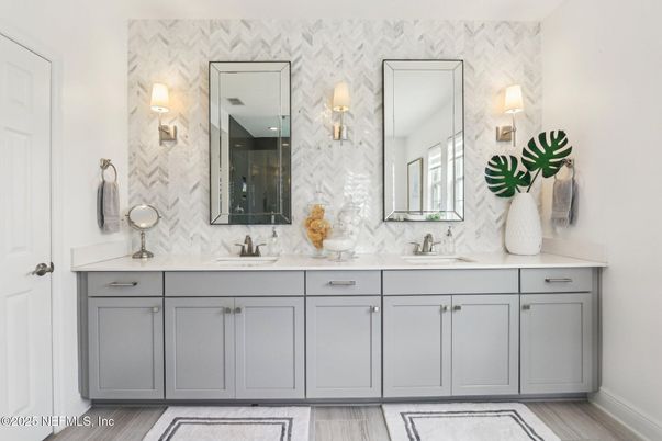 Bathroom, Dual Sink Vanities, Interior, Marble Walls, Wood Texture Flooring