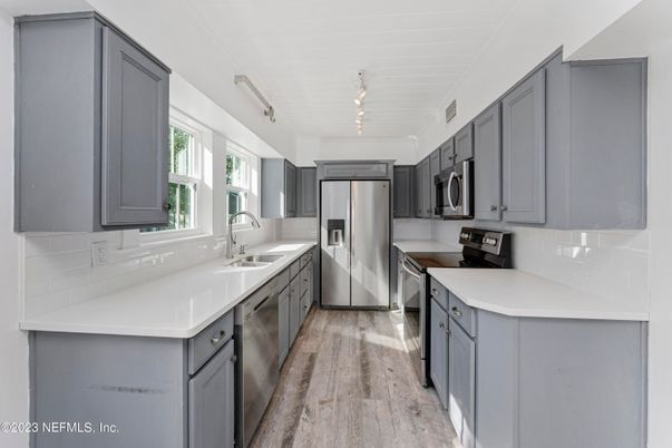 Interior, Kitchen, Stainless Steel Appliances, Wood Texture Flooring