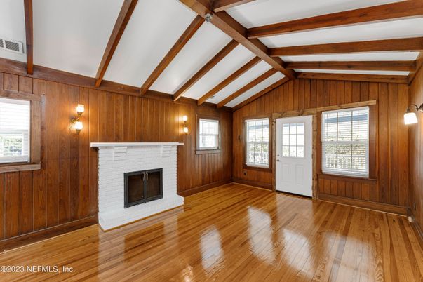 Empty room, Fireplace, Interior, Wooden Beams, Wood Texture Flooring, Wooden Walls