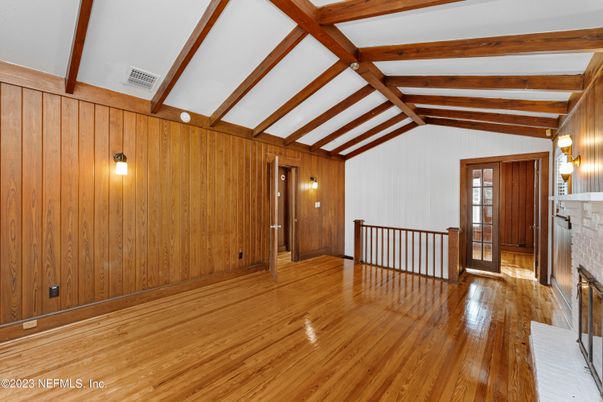 Empty room, Fireplace, Interior, Wooden Beams, Wood Texture Flooring, Wooden Walls