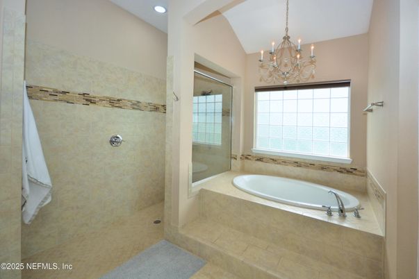 Bathroom, Chandelier, Glass Shower, Interior, Recessed Lighting