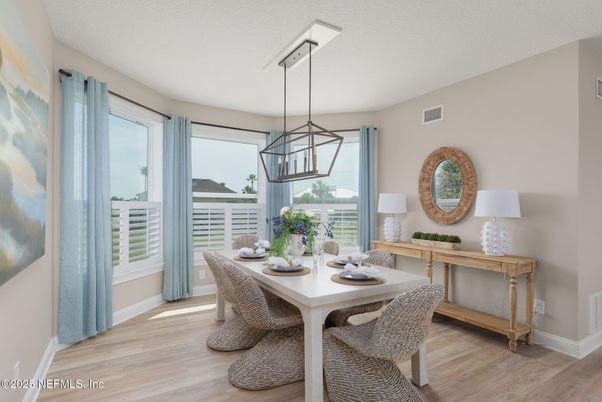 Dining room, Interior, Pendant Lights, Wood Texture Flooring