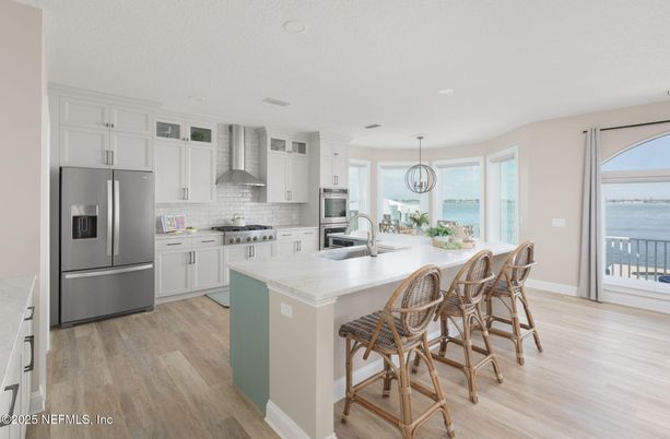 Interior, Kitchen, Pendant Lights, Recessed Lighting, Stainless Steel Appliances, Water, Wood Texture Flooring