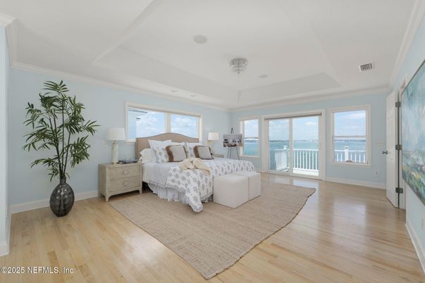 Bedroom, Interior, Recessed Lighting, Water, Wood Texture Flooring