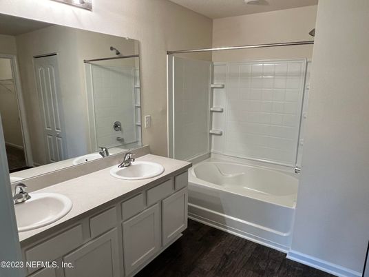 Bathroom, Dual Sink Vanities, Interior, Wood Texture Flooring