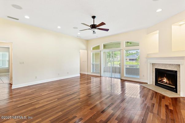 Empty room, Fireplace, Interior, Recessed Lighting, Wood Texture Flooring