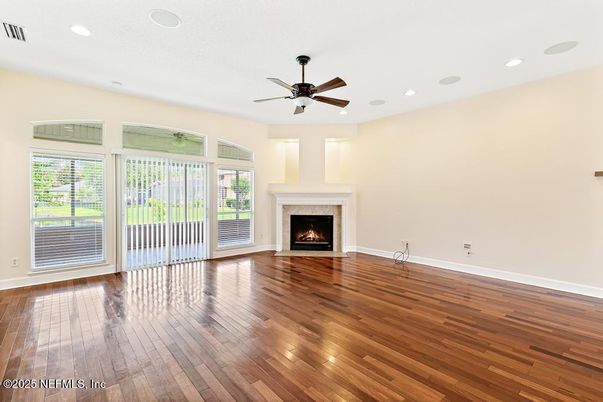 Empty room, Fireplace, Interior, Recessed Lighting, Wood Texture Flooring