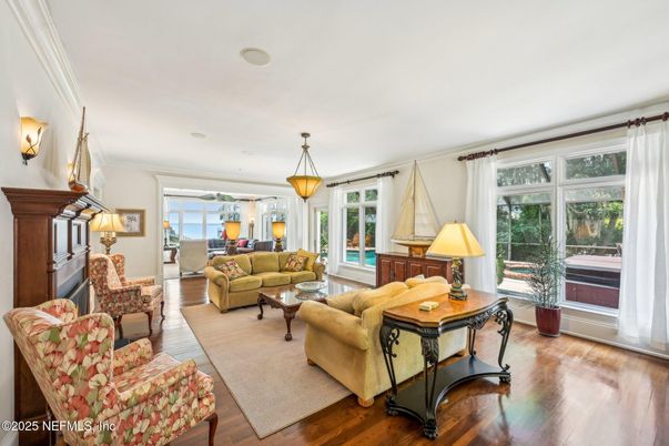 Fireplace, Interior, Living room, Pendant Lights, Wood Texture Flooring