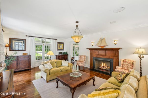 Fireplace, Interior, Living room, Pendant Lights, Wood Texture Flooring