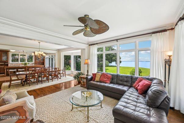 Chandelier, Dining room, Interior, Living room, Sun Room, Water, Wood Texture Flooring