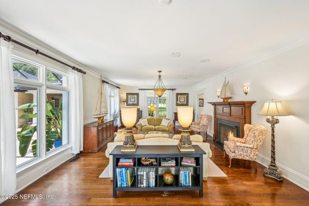 Fireplace, Interior, Living room, Pendant Lights, Wood Texture Flooring
