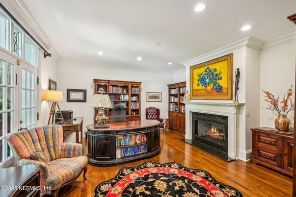 Fireplace, Home Office, Interior, Recessed Lighting, Wood Texture Flooring