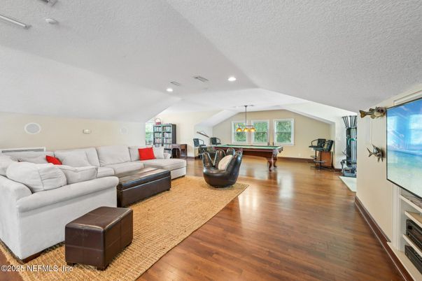 Billiard Table, Game Room, Interior, Living room, Pendant Lights, Recessed Lighting, Wood Texture Flooring