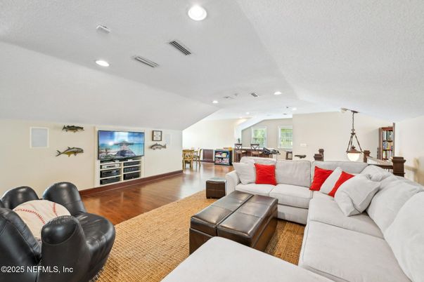 Dining room, Interior, Living room, Pendant Lights, Recessed Lighting, Wood Texture Flooring