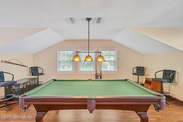 Billiard Table, Chandelier, Game Room, Interior, Wood Texture Flooring