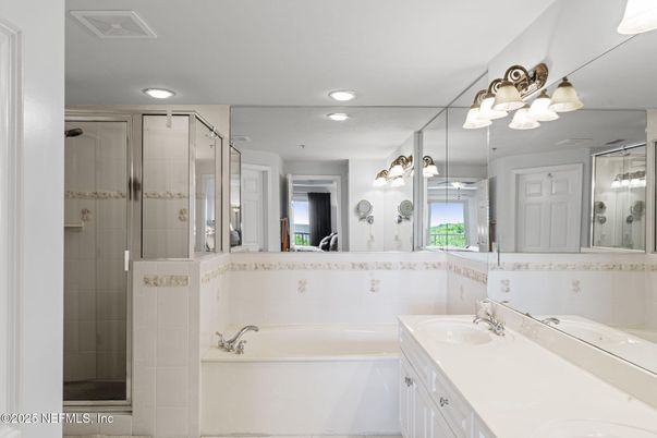 Bathroom, Dual Sink Vanities, Glass Shower, Interior, Recessed Lighting