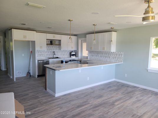 Interior, Kitchen, Pendant Lights, Stainless Steel Appliances, Wood Texture Flooring