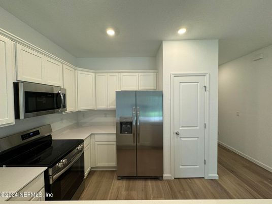 Interior, Kitchen, Recessed Lighting, Stainless Steel Appliances, Wood Texture Flooring