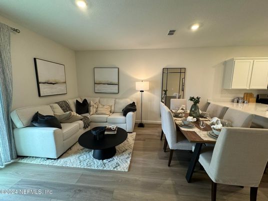 Dining room, Interior, Living room, Recessed Lighting, Wood Texture Flooring