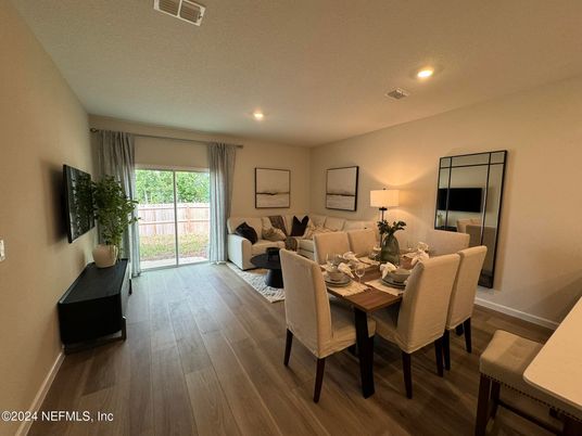 Dining room, Interior, Living room, Recessed Lighting, Wood Texture Flooring