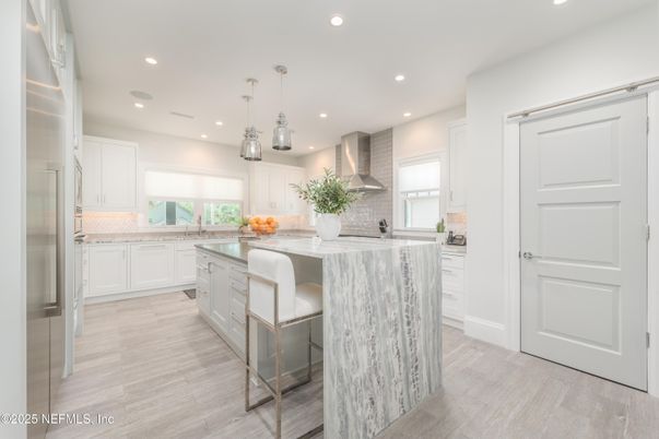 Interior, Kitchen, Pendant Lights, Recessed Lighting, Stainless Steel Appliances, Wood Texture Flooring