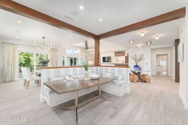 Chandelier, Dining room, Interior, Kitchen, Pendant Lights, Recessed Lighting, Stainless Steel Appliances, Wooden Beams, Wood Texture Flooring