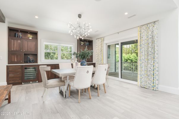 Dining room, Interior, Pendant Lights, Recessed Lighting, Wood Texture Flooring
