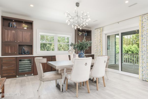 Dining room, Interior, Pendant Lights, Recessed Lighting, Wood Texture Flooring