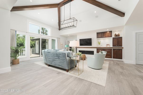 Fireplace, Interior, Living room, Pendant Lights, Recessed Lighting, Wooden Beams, Wood Texture Flooring